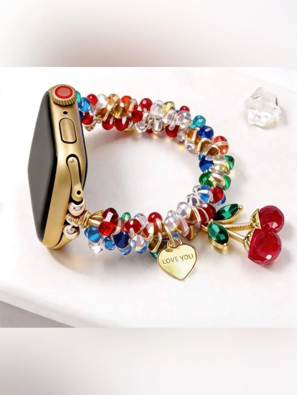 Gold Smartwatch with Multicolor Beaded Charm Band — Heart 'LOVE YOU' Accent
